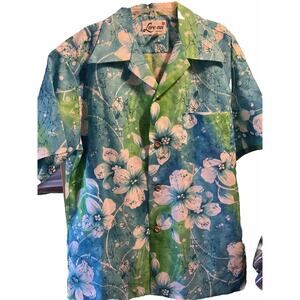 Lore Nei Hawaii Shirt Blue Green Men L Button Front Casual Hawaiian Short Sleeve